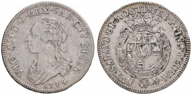 Vittorio Amedeo III (1773-1796) Quarto di scudo 1774 - Nomisma 347 AG (g 8,70) RR Graffietti al D/, colpo al bordo, depositi neri
qBB