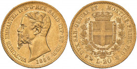 Vittorio Emanuele II (1849-1861) 20 Lire 1858 G - Nomisma 756 AU Asse spostato di circa 15°, variante molto rara
SPL