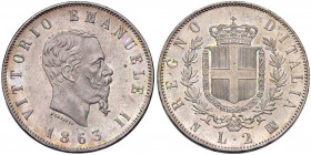 Vittorio Emanuele II (1861-1878) 2 Lire 1863 N stemma - Nomisma 905 AG 
FDC