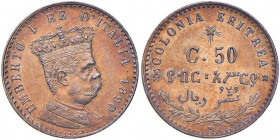 Umberto I (1878-1900) Eritrea - 50 Centesimi 1890 - Nomisma 1044 AG R Colpetto al bordo.
SPL+/qFDC