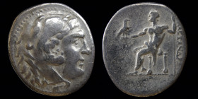 AR Tetradrachm, in the name and types of Alexander III of Macedon, early 2nd century BCE. Uncertain Pamphylian mint, 16.19g, 27.5-31mm.
Obv: Head of H...