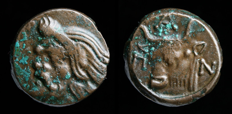 CIMMERIAN BOSPOROS, Pantikapaion, c. 325-310 BCE, AE17. 3.91g, 17mm.
Obv: Head o...