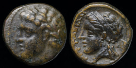 THESSALY, Gyrton (340s-320s BCE) AE Trichalkon. 18mm, 6.36g.
Obv: Laureate head of Gyrton left
Rev: ΓΥΡΤΩΝΙΩΝ, head of the nymph Gyrtone left; monog...