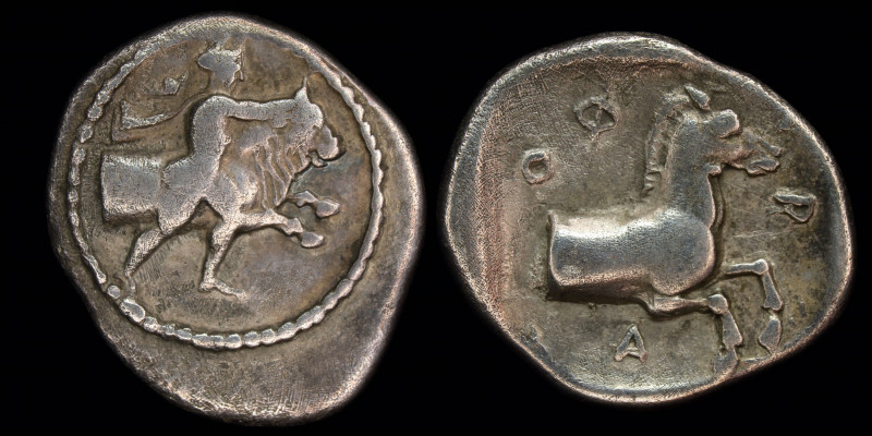 THESSALY, Pharkadon, AR hemidrachm c. 440-400 BCE. 2.76g, 15mm.
Obv: The hero Th...