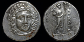 SATRAPS OF CARIA: Pixodaros (C. 340-335 BCE) AR Didrachm. Halikarnassos, 6.82g, 20mm.
Obv: Laureate head of Apollo facing three-quarters to the right....