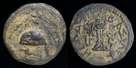 JUDAEAN KINGS: Herod I (the Great) 40-4 BCE, AE eight prutot, dated RY 3 (38/7 BCE). Jerusalem or Samarian mint, 8.45g, 24mm.
Obv: Helmet; palms flank...
