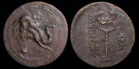 GRECO-BAKTRIAN KINGDOM, Demetrios I Aniketos, c. 200-185 BCE, Æ trichalkon. 11.14g, 29.5mm.
Obv: Head of elephant right, wearing bell around neck.
Rev...