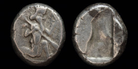 PERSIA: Time of Xerxes I to Darios II (485-420 BCE), AR Siglos. 5.50g, 14-16mm.
Obv: Persian king or hero in kneeling-running stance right, holding sp...