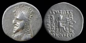 PARTHIA: Sinatrukes (93-69 BCE, intermittently) AR drachm. Ekbatana, 3.78g, 19.5mm.
Obv: Bust left, wearing, torc and tiara (type T33i) decorated with...