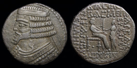 PARTHIA: Phraates IV (38-2 BCE) AR Tetradrachm, issued April 24 BCE. Seleucia on Tigris, 13.04g, 28mm.
Obv: Short flat-tipped bearded bust left wearin...