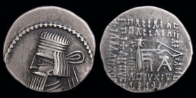 PARTHIA: Artabanos IV (10-38), AR drachm. Ekbatana mint, 3.82g, 20mm. 
Obv: Diademed bust left
Rev: ΒΑΣΙΛΕΩΣ ΒΑΣΙΛΕΩΝ ΑΡΣΑΚΟΥ ΕΥΕΡΓΕΤΟΥ ΔΙΚΑΙΟΣ ΕΠΙΦΑΝ...