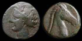 Carthage (c. 300-264) AE18/shekel. Sicilian or Sardinian mint, 4.92g, 18mm. 
Obv: Head of Tanit wearing wreath l. 
Rev: Horse's head r.
Hoover: Coins ...