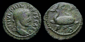 THRACE, Deultum: Philip II as Caesar (247-249) AE18. 2.71g, 18mm.
Obv: M IVL PHILIPPVS CAES; Laureate head r. 
Rev: C F / P - D. Dolphin swimming righ...