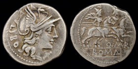 Q. Marcius Libo, AR denarius, issued 148 BCE. Rome, 3.94g, 19.5mm.
Obv: Helmeted head of Roma r.; behind, LIBO; before, X.
Rev: The Dioscuri galloping...