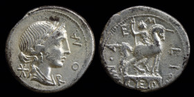 Mn. Aemilius Lepidus, AR denarius, issued 114 - 113 BCE. Rome, 3.94g, 19.5mm.
Obv: Laureate, diademed and draped bust of Roma right, ROMA before, * be...