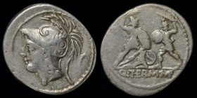 Q. Minucius M.f Thermus, 103 BCE, AR Denarius. Rome, 3.79g, 21mm. 
Obv: Helmeted head of Mars to left. 
Rev: Q•THERM•M F; Two warriors fighting, each ...