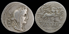 C. Fabius C. f. Hadrianus, AR Denarius, issued 102 BCE. Rome, 3.77g, 20mm.
Obv: EX•A•PV upwards to left ; Turreted and veiled head of Cybele right, we...