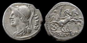 P. Servilius M.f. Rullus, AR denarius, issued 100 BCE. Rome, 3.81g, 20mm.
Obv: RVLLI to r.; Helmeted bust of Minerva left, wearing aegis
Rev: Victory ...