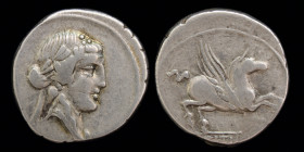 Q. Titius, AR Denarius, issued 90 BCE. Rome, 3.81g, 17mm.
Obv: Head of Liber/Bacchus r., wearing ivy-wreath.
Rev: Pegasus prancing right, Q•TITI in fr...