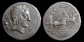 L. Julius Bursio, AR Denarius issued 85 BCE. Rome, 3.81g, 20mm.
Obv: Male head right, with the attributes of Apollo, Mercury and Neptune (Apollos Vejo...