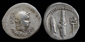 C. Norbanus, AR denarius, issued 83 BCE. Rome, 3.75g, 19-21mm. 
Obv: C. NORBANVS below, CXVI behind; Diademed head of Venus r.
Rev. Ear of corn, fasce...