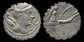 Ti. Claudius Ti.f. Ap.n. Nero, AR Denarius, issued 79 BCE. Rome, 3.73g, 18mm, serrate.
Obv: Diademed and draped bust of Diana to right; over her shoul...