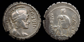 Mn. Aquillius Mn.f. Mn.n, AR denarius, issued 65 BCE. Rome, 3.87g, 20mm, serrate.
Obv: VIRTVS - III VIR; Helmeted and draped bust of Virtus to r. 
Rev...