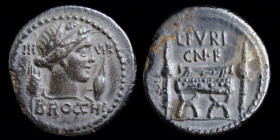 L. Furius Cn. f. Brocchus, AR denarius, issued 63 BC. Rome, 3.69g, 19mm.
Obv: Bust of Ceres right, between wheat-ear and barley corn, III VIR across f...
