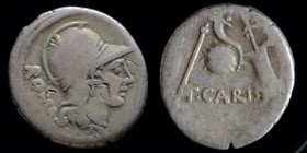 Titus Carisius, AR Denarius, issued 46 BCE. 3.33g, 18mm.
Obv: Head of Roma right, wearing Attic helmet with plume on each side
Rev: T•CARISI; Scepte...