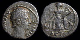 Augustus (27 BCE-14 CE), AR denarius, issued c. 15 BCE. Lugdunum, 3.09g, 17.5mm.
Obv: AVGVSTVS DIVI F; bare head r.
Rev: IMP X, ACT in ex.; Apollo Cit...