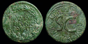 Augustus (27 BCE-14 CE), AE dupondius, issued 15 BCE, C. Plotius Rufus, moneyer. Rome, 11.25g, 26.5mm.
Obv: AVGVSTVS TRIBVNIC POTEST, in three lines ...