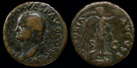 Vespasian (69-79) AE as, issued 74 CE. Rome, 9.41g, 25.5mm.
Obv: IMP CAESAR VESP AVG COS V CENS; laureate head left 
Rev: VICTORIA AVGVSTI SC; Victory...