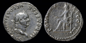 Vespasian (69-79) AR denarius, issued 76. Rome, 3.39g, 18mm.
Obv: IMP CAESAR VESPASIANVS AVG; laureate head r.
Rev: PON MAX TR P COS VII; Pax seated l...
