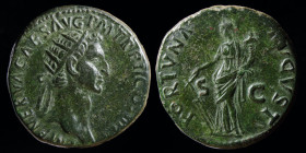 Nerva (96-98) AE dupondius, issued 97. Rome, 13.90g, 27mm.
Obv: IMP NERVA CAES AVG P M TR P II COS III PP; radiate head r.
Rev: FORTVNA AVGVST S C; Fo...