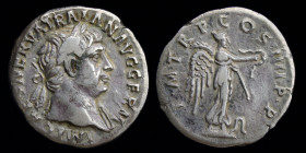 Trajan (98-117) AR denarius, issued 102. Rome, 2.80g, 18mm.
Obv: IMP CAES NERVA TRAIAN AVG GERM; Laureate head right
Rev: P M TR P COS IIII P P; Victo...