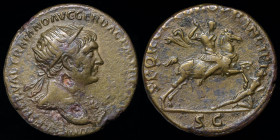 Trajan (98-117) AE dupondius, issued 104-07. Rome, 11.48g, 27mm.
Obv: IMP CAES NERVAE TRAIANO AVG GER DAC P M TR P COS V P P; radiate head r., aegis o...