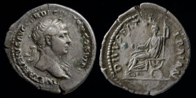 Trajan (98-117) AR denarius, issued 112-113. Rome, 3.03g, 20mm.
Obv: IMP TRAIANVS AVG GER DAC P M TR P COS VI P P, laureate bust of Trajan right, slig...