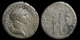 Trajan (98-117) AR denarius, issued 113/114. Rome, 3.17g, 19mm.
Obv: IMP TRAIANO AVG GER DAC P M TR P COS VI P P; laureate and draped bust right
Rev: ...