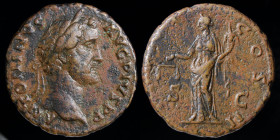 Antoninus Pius (138-161) AE As, second issue (139). 10.94g, 26.5mm.
Obv: ANTONINVS AVG PIVS P P; Laureate head right
Rev: TR POT COS II; Aequitas stan...