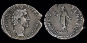 Antoninus Pius (138-161) AR denarius, issued 141-143. Rome, 3.07g, 19mm.
Obv: ANTONINVS AVG PIVS P P TR P COS III; laureate head right
Rev: GENIO SENA...