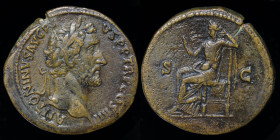 Antoninus Pius (138-161) AE sestertius, issued 146. Rome, 26.21g, 32mm.
Obv: ANTONINVS AVG PIVS P P TR P COS IIII; Laureate hd. r.
Rev: Securitas seat...