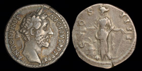Antoninus Pius (138-161) AR denarius, issued 148. Rome, 3.16g, 18mm.
Obv: ANTONIVS AVG PIVS P P TR P XI; Laureate head r.
Rev: COS IIII; Annona stg. l...