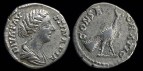 Diva Faustina II (died 176), AR denarius, issued 176-180. Rome, 3.25g, 18mm. 
Obv: DIVA FAVSTINA PIA, draped bust right
Rev: CONSECRATIO, peacock righ...