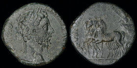 Commodus (177-192) AE Sestertius, issued 183. Rome, 18.27g, 29mm.
Obv: M COMMODVS ANTONINVS AVG PIVS; Laureate head right.
Rev: TR P VIII IMP VI COS I...