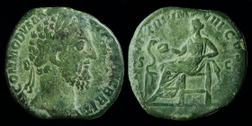 Commodus (177-192) AE Sestertius, issued 188. Rome, 23.85g, 28.5-31mm.
Obv: M COMMODVS ANT P FELIX AVG BRIT; Laureate head right
Rev: P M TR P XIII IM...