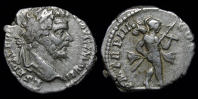 Septimius Severus (193-211) AR denarius, issued 195-96. Rome, 2.91g, 18.5mm.
Obv: L SEPT SEV PERT AVG IMP VII; laureate head right
Rev: P M TR P III C...