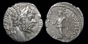 Septimius Severus (193-211) AR Denarius, issued 197-98. Rome, 2.72g, 16mm.
Obv: L SEPT SEV PERT AVG IMP X; laureate head right
Rev: VICT AVGG COS II P...