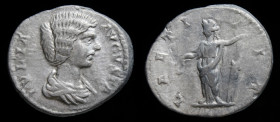 Julia Domna (193-211), AR denarius, issued 196-211. Rome, 2.89g, 17mm.
Obv: IVLIA AVGVSTA; draped bust r.
Rev: LAETI - TIA; Laetitia standing l., hold...