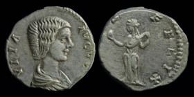 Julia Domna (193-217) AR denarius, issued 198-200. Rome, 3.45g, 18mm.
Obv: IVLIA AVGVSTA; Draped bust right
Rev: VENVS FELIX; Venus standing facing, h...