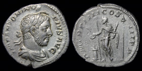 Elagalabus (218-222) AR Denarius, issued 221. Rome, 2.84g, 19mm.
Obv: IMP ANTONINVS PIVS AVG; draped and “horned” bust right
Rev: Rev. emperor standin...